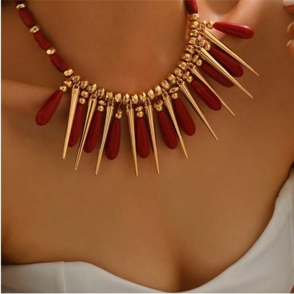 Gold Spike Necklace with Deep Red Teardrop Beads